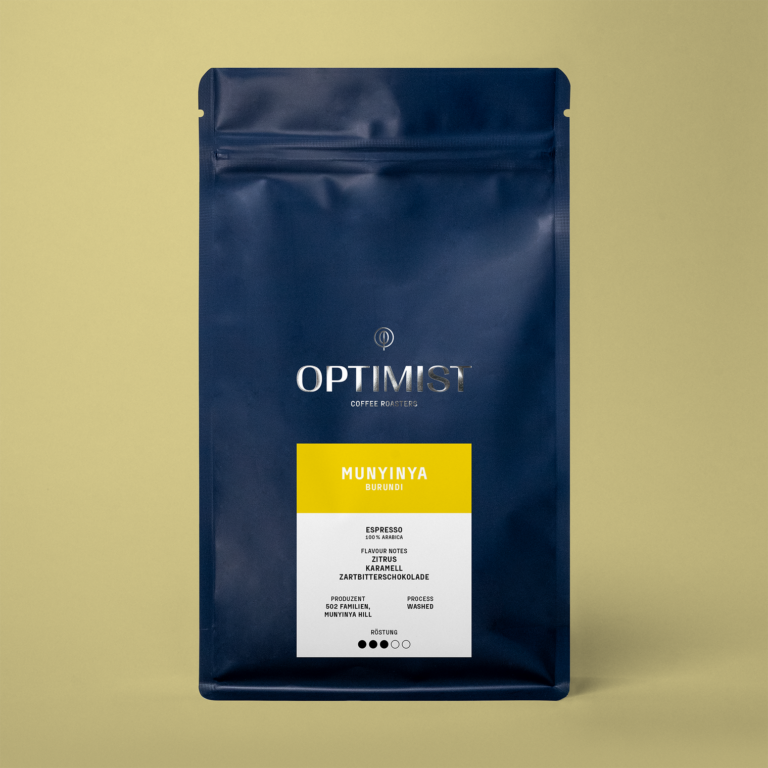 MUNYINYA Espresso aus Burundi – navyblaue Tüte mit gelbem Label, Optimist Coffee